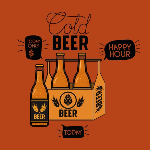Etiqueta de cervejas happy hour com garrafas na cesta — Vetor de Stock
