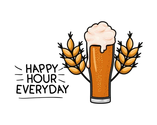 Happy hour label with beer isolated icon — Stock Vector