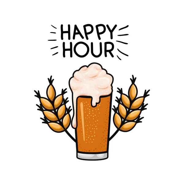 Happy hour label with beer isolated icon — Stock Vector
