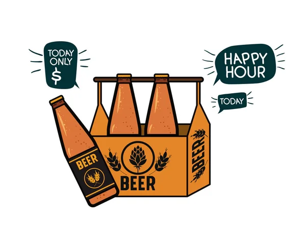 Caja con botellas de cerveza icono aislado — Vector de stock