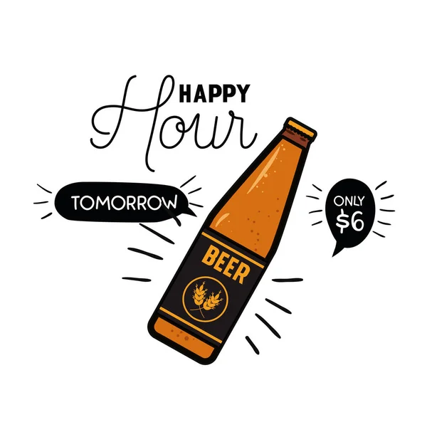 Étiquette happy hour avec icône de bière isolée — Image vectorielle