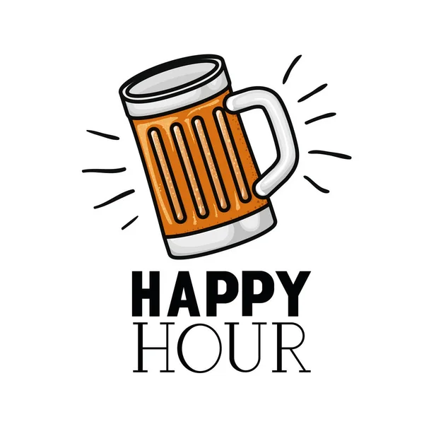 Etiqueta happy hour com ícone isolado de cerveja —  Vetores de Stock