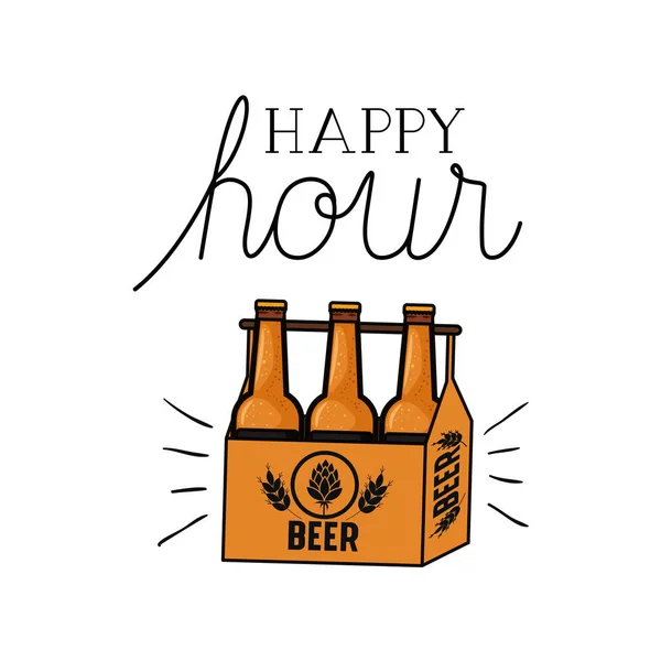 Happy hour label with beer isolated icon — Stock Vector