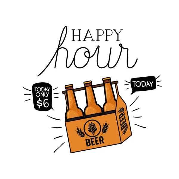 Étiquette happy hour avec icône de bière isolée — Image vectorielle