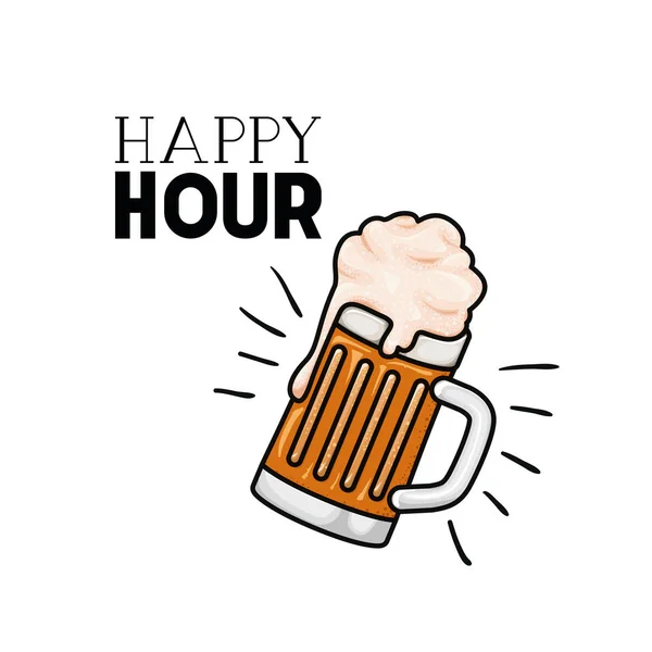 Happy hour label with beer isolated icon — Stock Vector