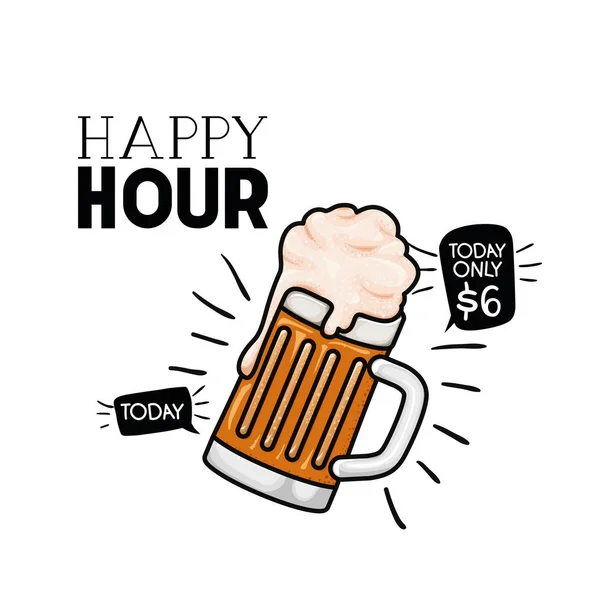 Etiqueta happy hour com ícone isolado de cerveja — Vetor de Stock