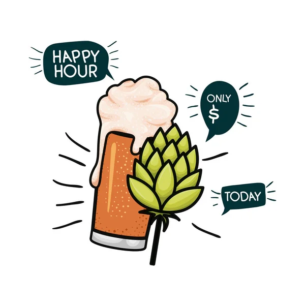 Bière avec mousse et icône isolée en cône de pin — Image vectorielle