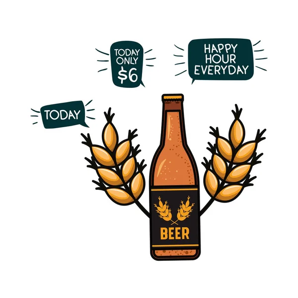 Şişe bira ve buğday izole simgesinin — Stok Vektör