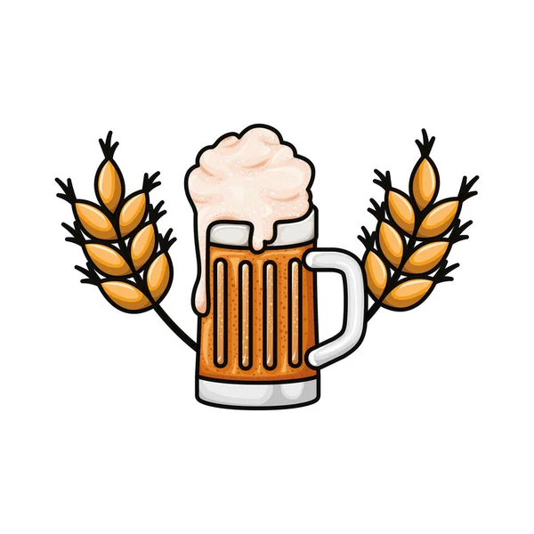 Bière avec mousse et icône isolée de blé — Image vectorielle