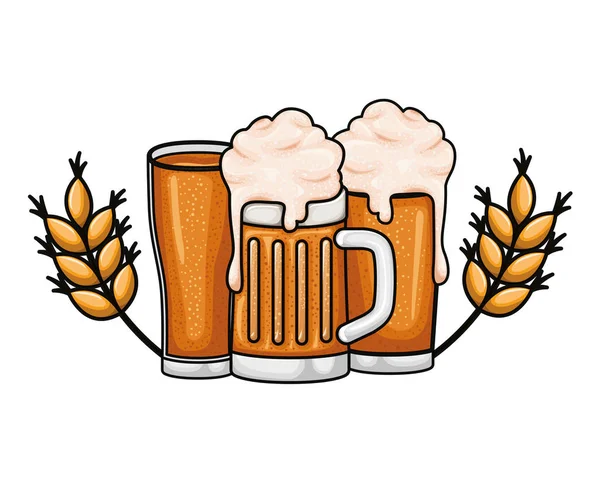 Cerveza con espuma y trigo icono aislado — Vector de stock