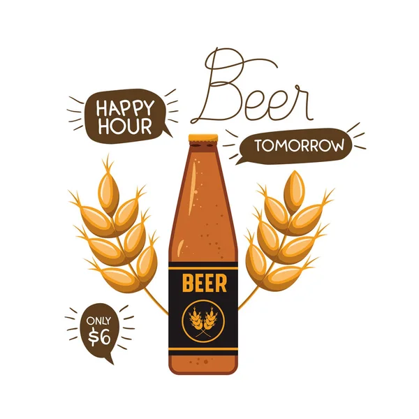 Étiquette happy hour avec icône de bière isolée — Image vectorielle