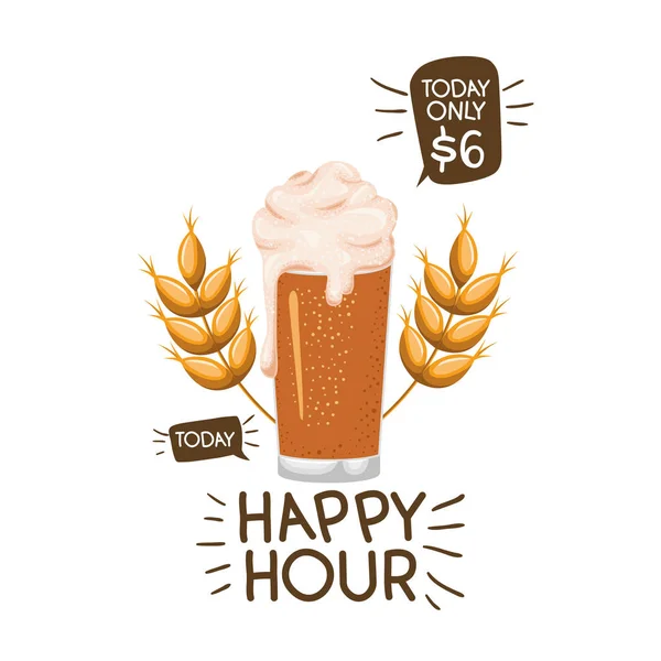 Étiquette happy hour avec icône de bière isolée — Image vectorielle