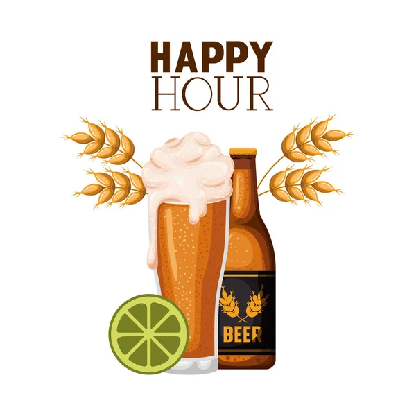 Happy hour label with beer isolated icon — Stock Vector