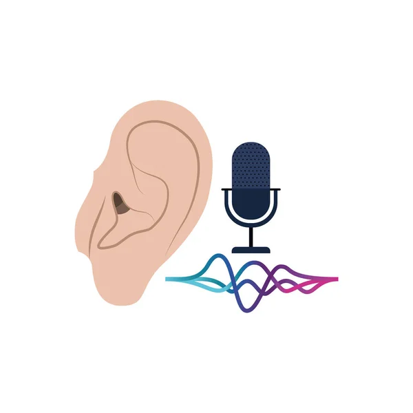 Ohr mit Schallwelle und Mikrofon — Stockvektor