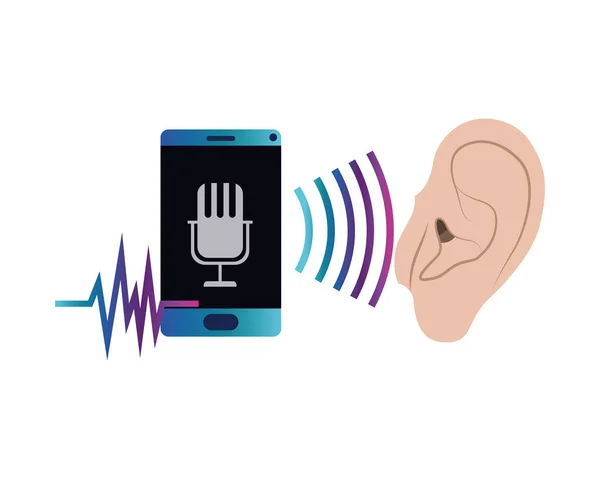 Örat med ljudvåg och smartphone — Stock vektor