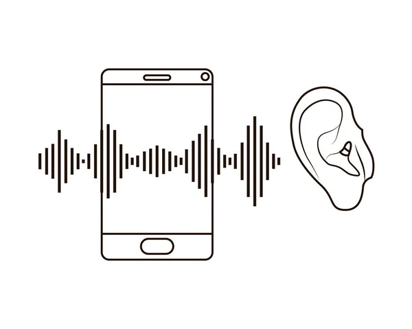 Ouvido com onda sonora e smartphone —  Vetores de Stock