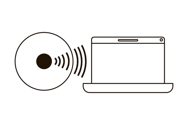 Laptop con icona isolata onde sonore — Vettoriale Stock