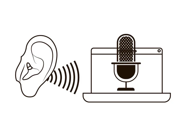 Oreille avec onde sonore et ordinateur portable — Image vectorielle