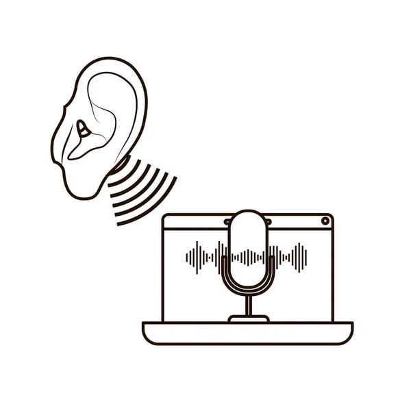 Ohr mit Schallwelle und Laptop — Stockvektor