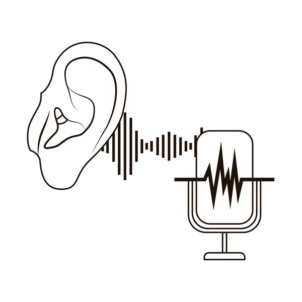 Ouvido com onda sonora e microfone —  Vetores de Stock