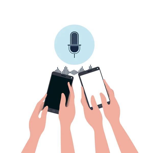 Mains avec smartphone et assistant vocal — Image vectorielle