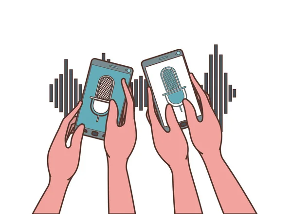 Mains avec smartphone et assistant vocal — Image vectorielle