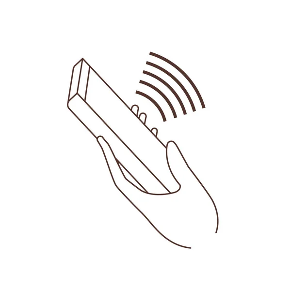 Hand met smartphone en geluidsgolf — Stockvector