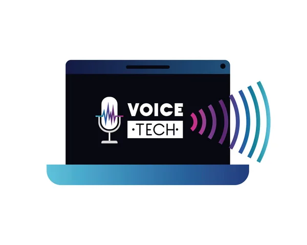 Etiqueta de tecnologia de voz com laptop e assistente de voz — Vetor de Stock