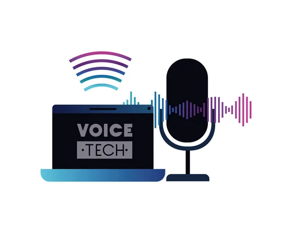 Etiqueta de tecnología de voz con ordenador portátil y asistente de voz — Archivo Imágenes Vectoriales