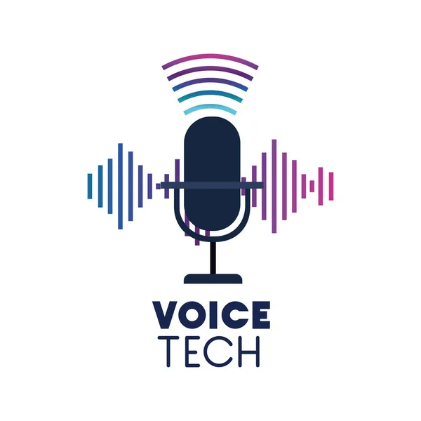 Hang-Tech címke mikrofonnal és hanghullám — Stock Vector