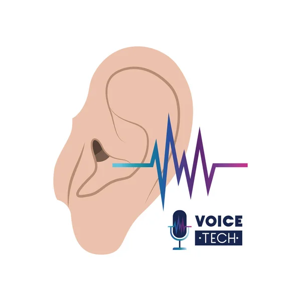 Voice Tech Label mit Ohr und Schallwelle — Stockvektor