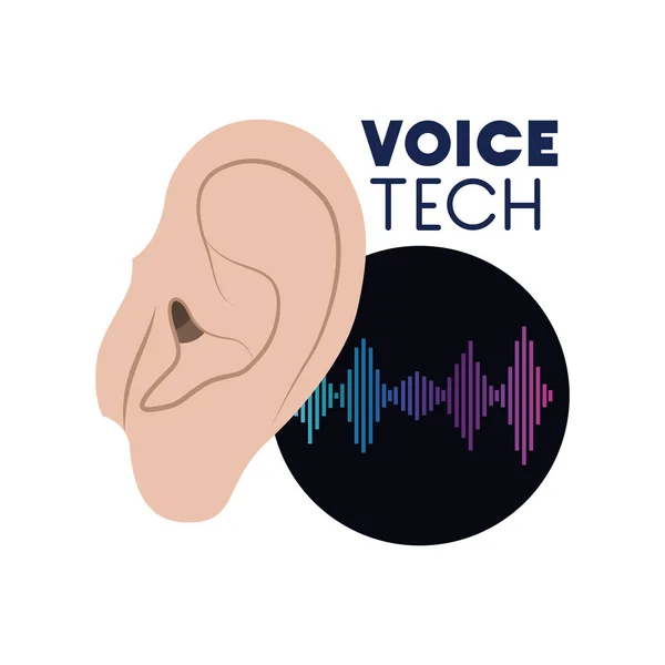 귀와 음파가 있는 음성 기술 라벨 — 스톡 벡터