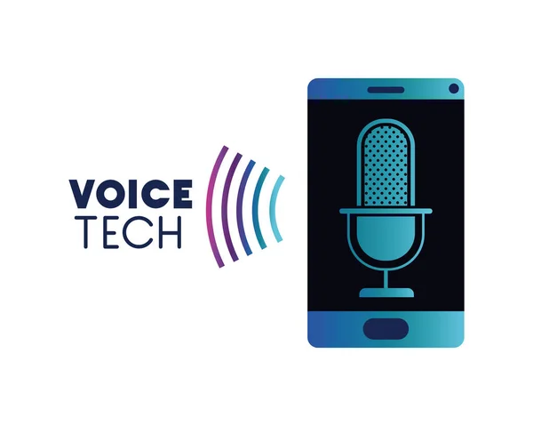 Akıllı telefon ve ses asistanı ile ses teknoloji etiketi — Stok Vektör