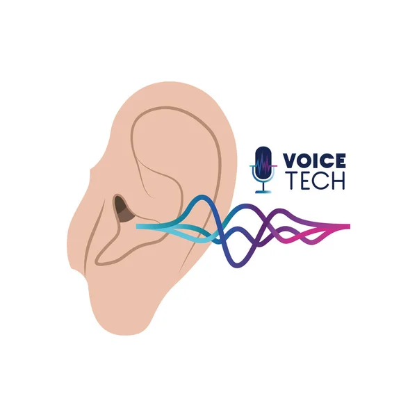 귀와 음파가 있는 음성 기술 라벨 — 스톡 벡터