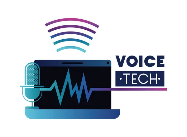 Etiqueta de tecnología de voz con ordenador portátil y asistente de voz — Archivo Imágenes Vectoriales