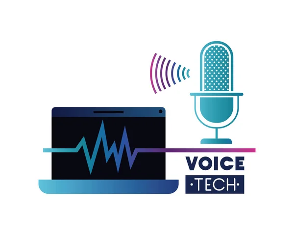 Etiqueta de tecnologia de voz com laptop e assistente de voz —  Vetores de Stock