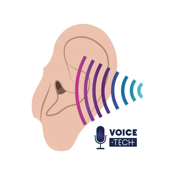 Etiqueta de tecnologia de voz com orelha e onda sonora —  Vetores de Stock