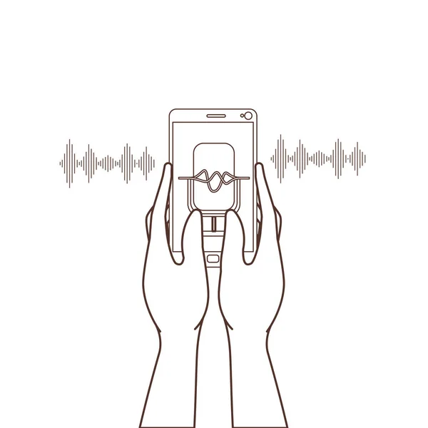 Mãos com smartphone e assistente de voz —  Vetores de Stock