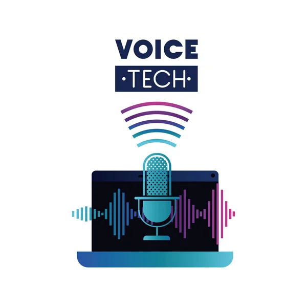 Etiqueta de tecnología de voz con ordenador portátil y asistente de voz — Archivo Imágenes Vectoriales