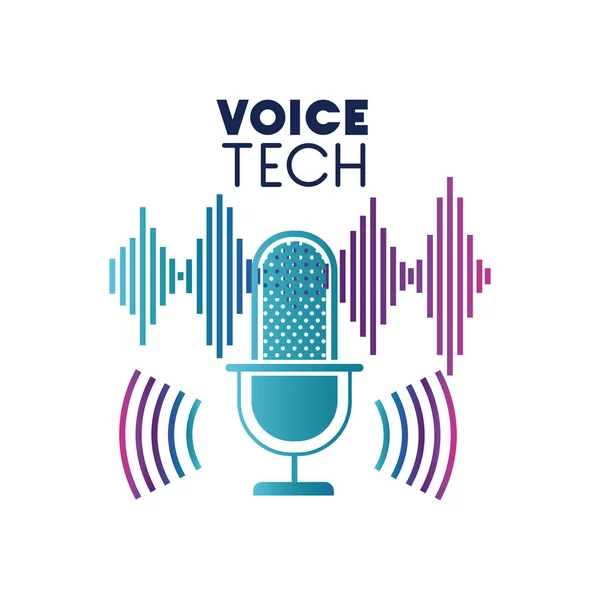 Etiqueta de tecnología de voz con micrófono y onda de sonido — Archivo Imágenes Vectoriales