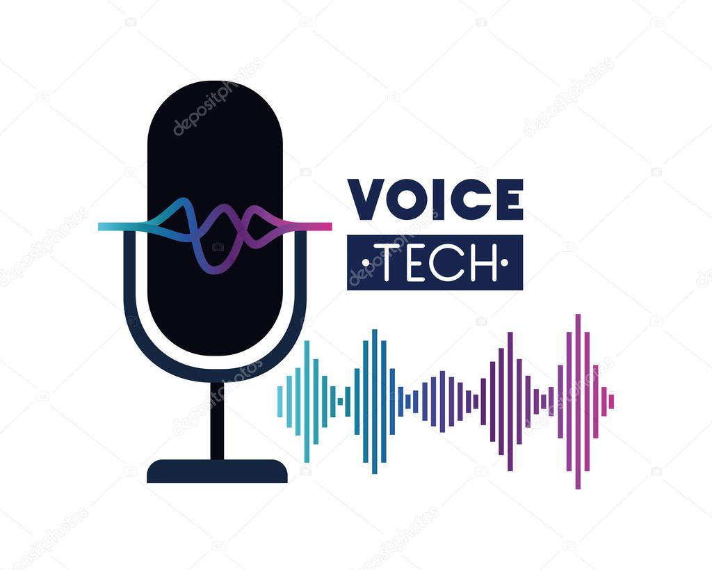 voice tech label with microphone and sound wave
