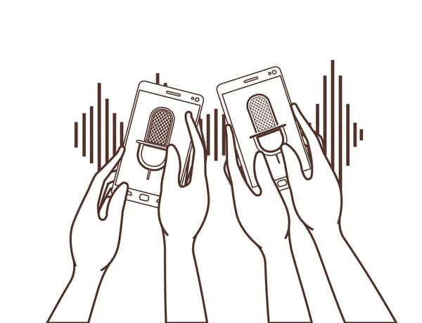 Mains avec smartphone et assistant vocal — Image vectorielle