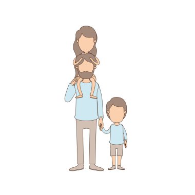 sırt ve oğlan ele alınan kız ile açık renk karikatür yüzsüz sakallı baba