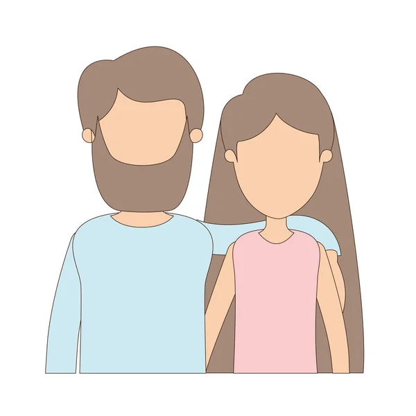 Color claro caricatura sin rostro medio cuerpo pareja mujer con el pelo largo y barbudo hombre — Vector de stock