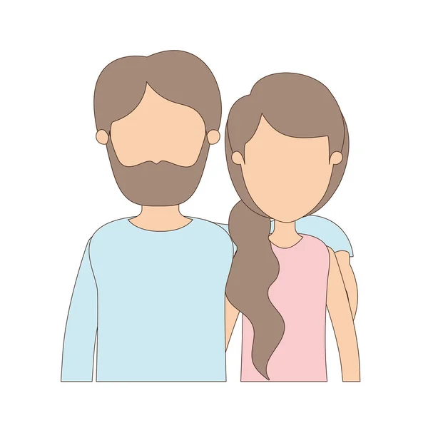 Light color caricature faceless half body couple woman with ponytail side hair and bearded man — Stock Vector