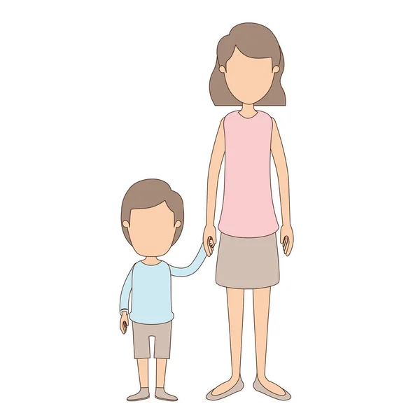 Lichte kleur karikatuur faceloze full body moeder genomen hand met jongen — Stockvector