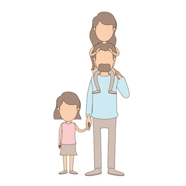 Light color caricature faceless dad with daugther on his back and girl taken hands — Stock Vector