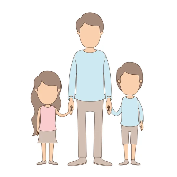 Couleur claire caricature sans visage corps complet homme pris main avec fille et garçon — Image vectorielle