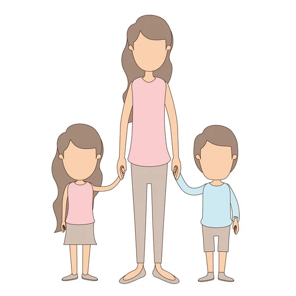 Color claro caricatura sin rostro cuerpo completo madre tomada de la mano con chica y niño — Vector de stock