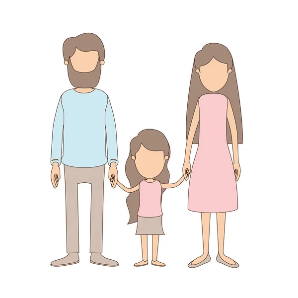 Light color caricature faceless family with father bearded and mom with long hair with little girl taken hands — Stock Vector